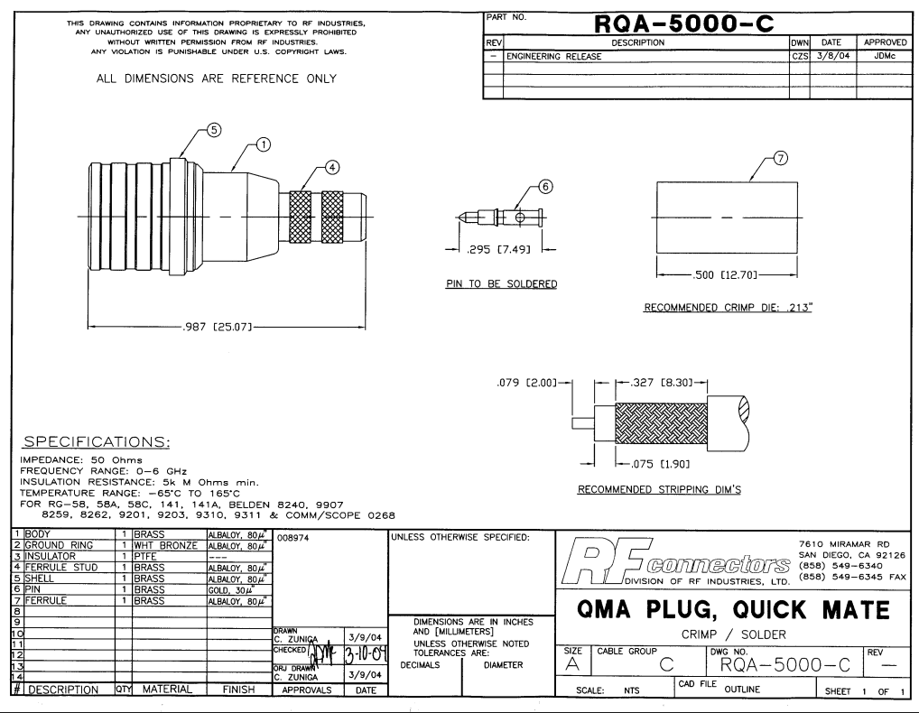 RQA-5000-C - RF Industries QMA Male Crimp Connector for RG58 LMR195
